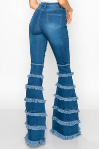 "Top Tier" Distressed High Waisted Wide Leg Jeans with Fringe