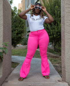 “Made To Gallivant” Neon Pink Super Stretch Bell Bottom Jeans