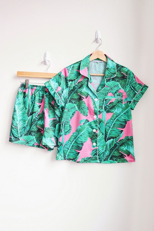 Pink Leaf Print Pajama Short Set