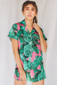 Pink Leaf Print Pajama Short Set
