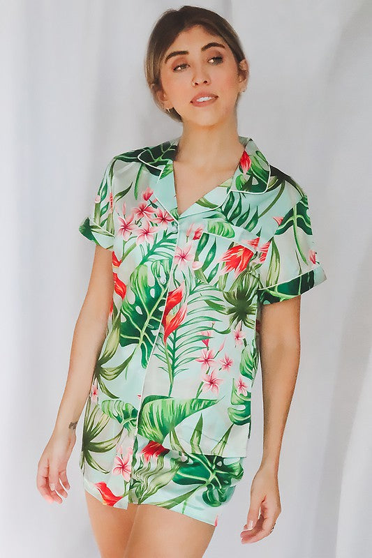 Tropical Floral and Leaf Print Pajama Short Set