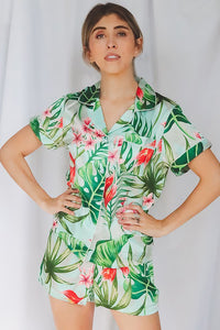 Tropical Floral and Leaf Print Pajama Short Set