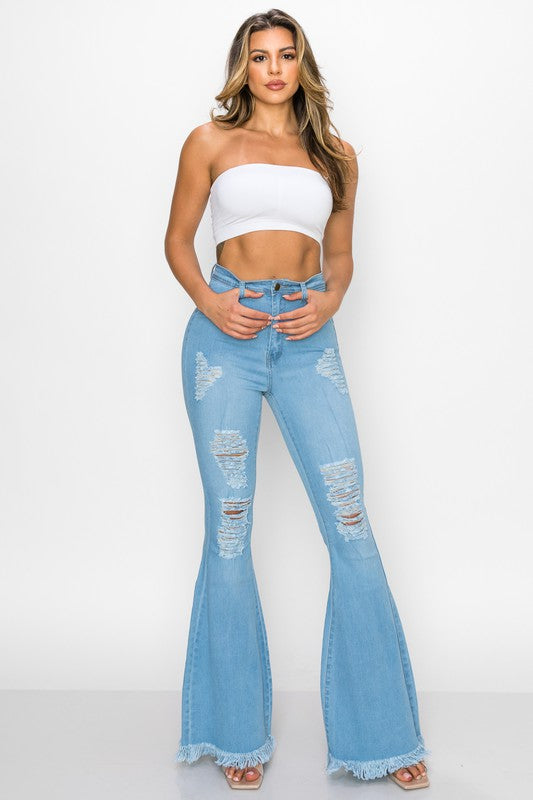 Distressed High Waisted Bell Bottom Jeans