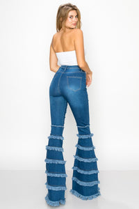 "Top Tier" Distressed High Waisted Wide Leg Jeans with Fringe