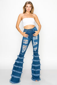 "Top Tier" Distressed High Waisted Wide Leg Jeans with Fringe