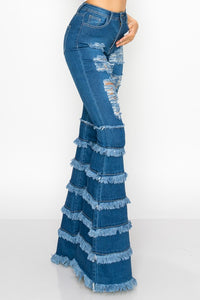 "Top Tier" Distressed High Waisted Wide Leg Jeans with Fringe