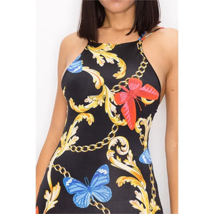 Amina Printed Butterfly and Chainlink Midi Dress