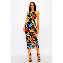 Load image into Gallery viewer, Amina Printed Butterfly and Chainlink Midi Dress

